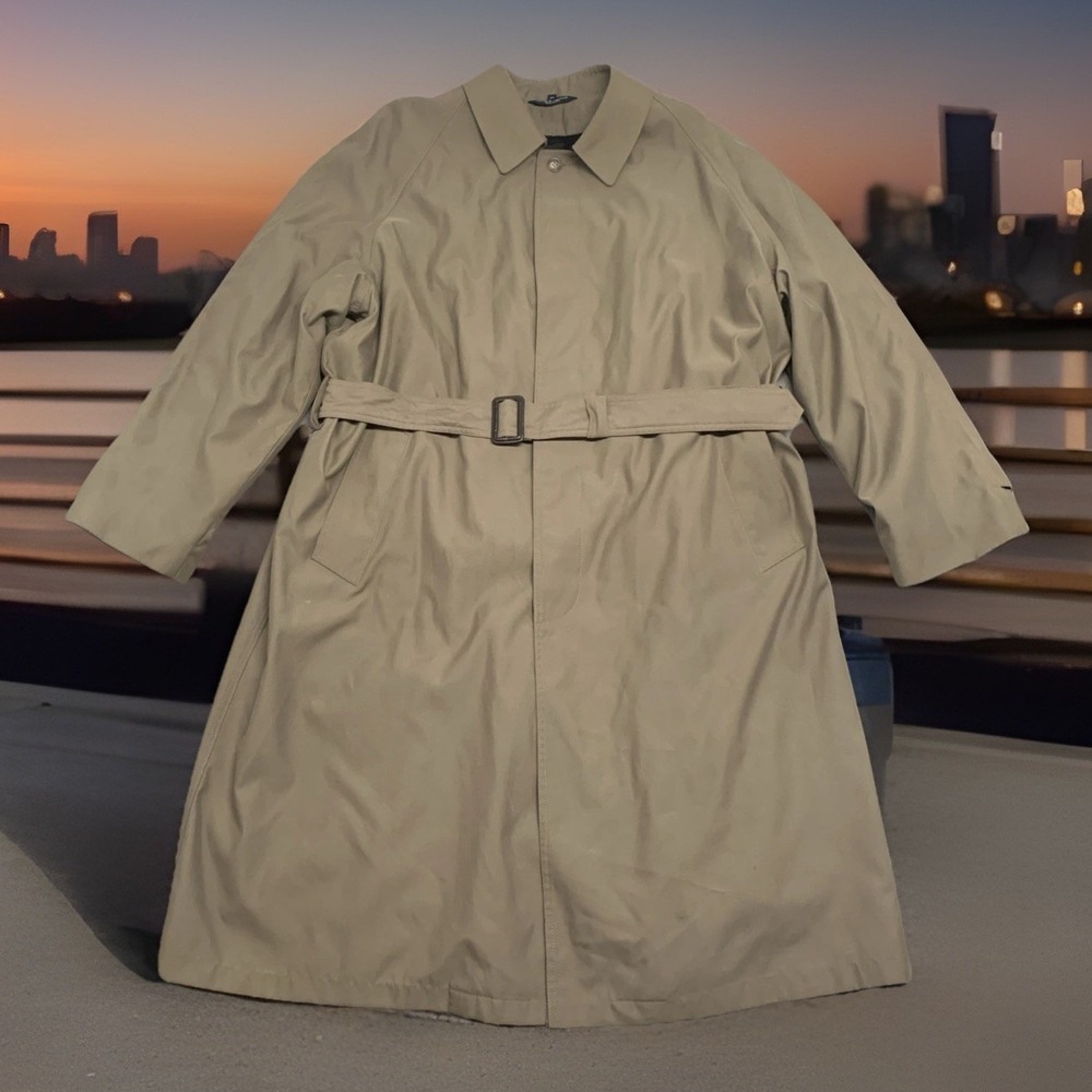 Chaps Men's Classic Trench Coat Size 42L Jacket Belted Removable Liner Khaki